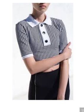 Black & White Houndstooth Cropped Polo Top